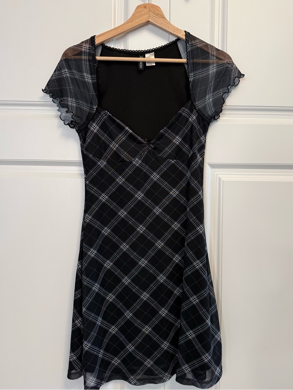 H&M Divided Y2K Coquette Plaid Babydoll Mini Dress Sheer Mesh Sleeves S